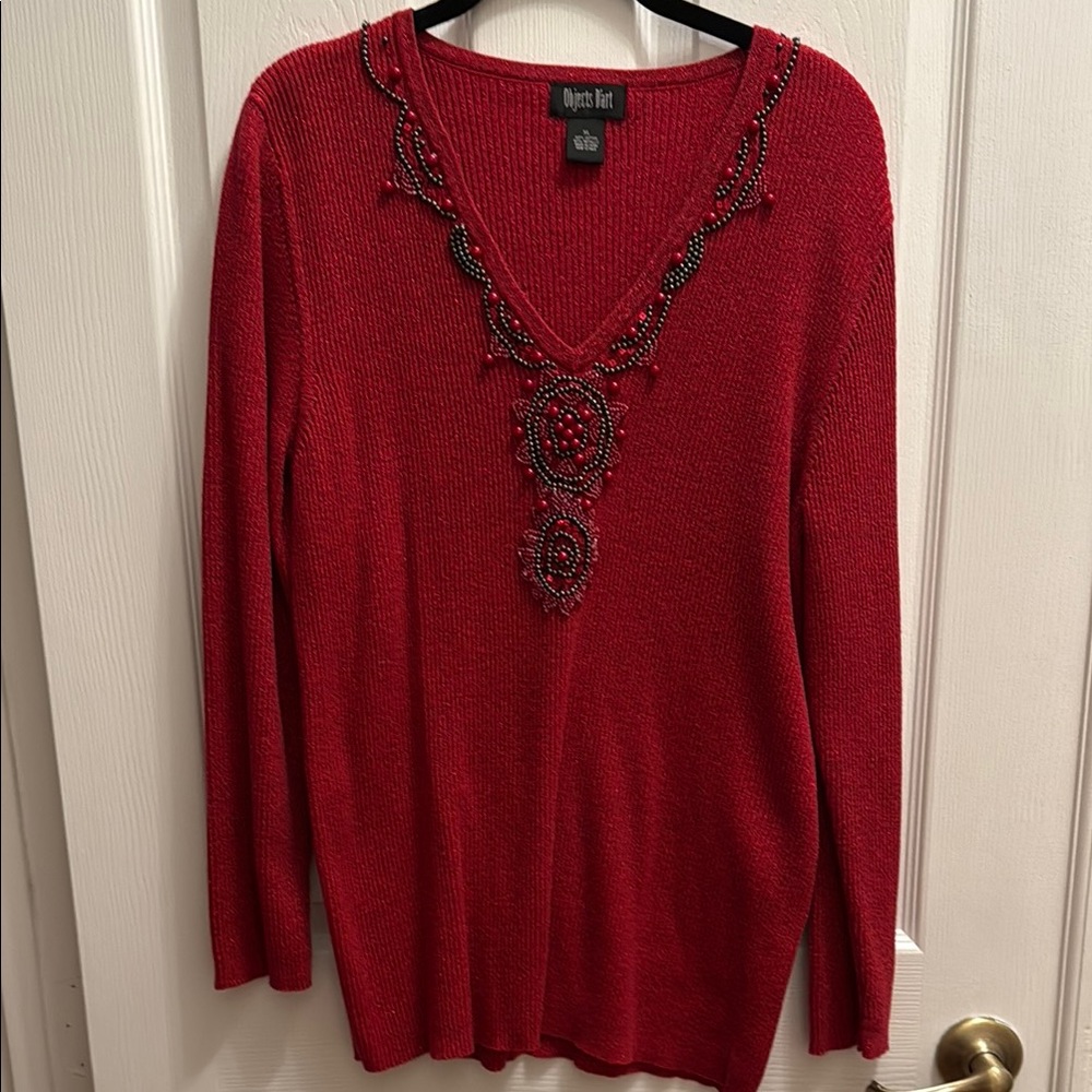 Red V-Neck Sweater Tunic with Intricate Embellishments